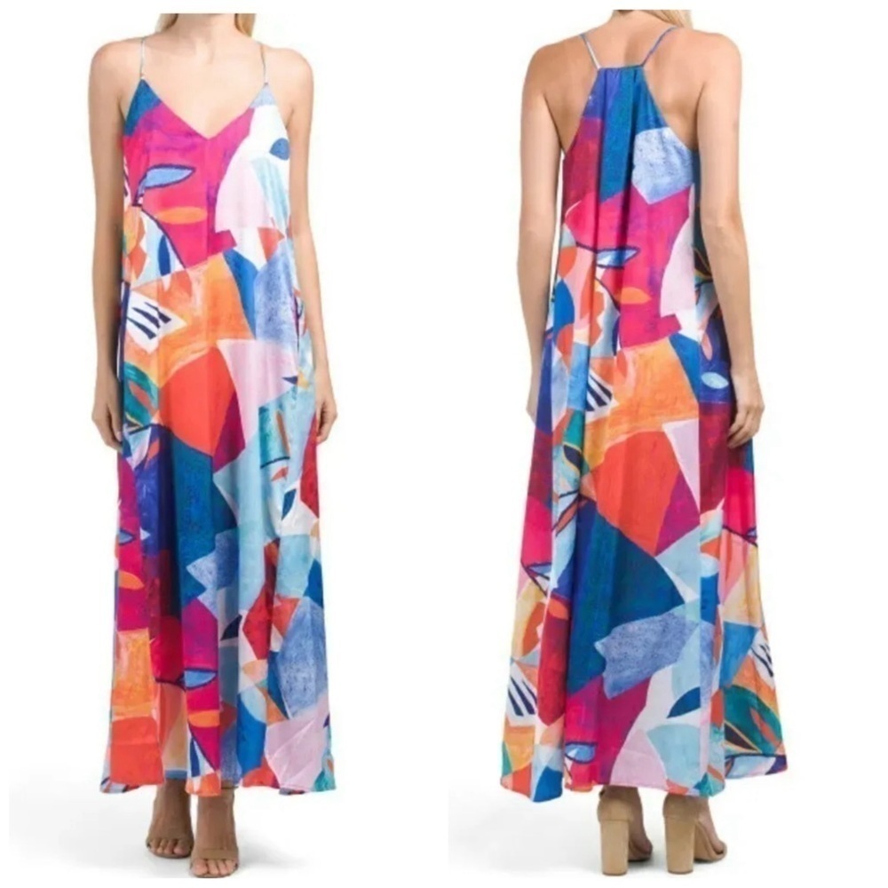 Nicole Miller Watercolor Mixed Print Satin Maxi Dress Pink Blue Plus Size 2X - Picture 16 of 16